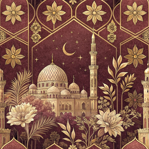 burgundy, gold, maroon, islamic architecture, mosque, minaret, dome, geometric patterns, floral motifs, star flowers, crescent moon, palm fronds, ornate design, middle eastern,, fabric panel, botanical elements, intricate details, decorative borders, celestial theme