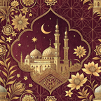 burgundy, maroon, gold, metallic accents, islamic architecture, mosque, minarets, dome, crescent moon, stars, floral motifs, geometric patterns, ornate details, middle eastern, arabesque,, fabric panel, intricate design, religious imagery, night sky