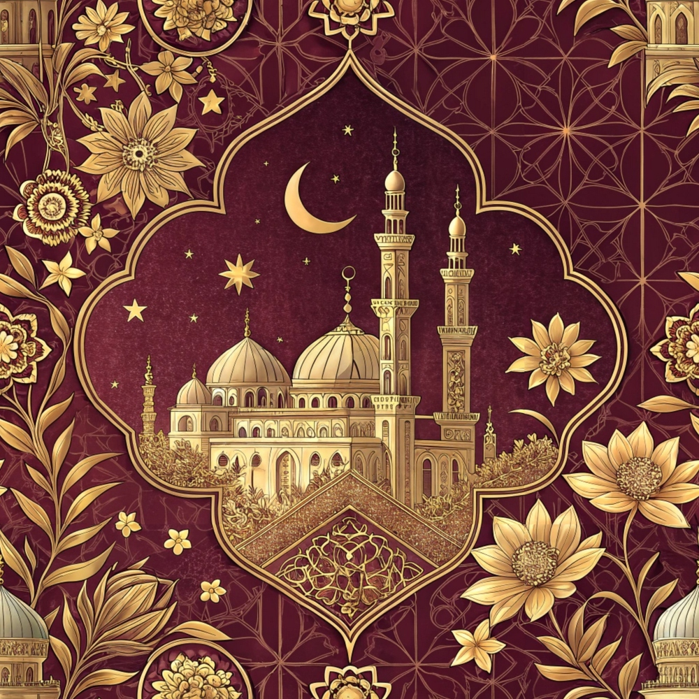 burgundy, maroon, gold, metallic accents, islamic architecture, mosque, minarets, dome, crescent moon, stars, floral motifs, geometric patterns, ornate details, middle eastern, arabesque, quilting cotton, fabric panel, intricate design, religious imagery, night sky