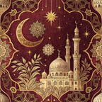 burgundy, maroon, gold, cream, islamic architecture, mosque, minarets, crescent moon, stars, geometric patterns, mandala designs, palm trees, ornate borders, middle eastern,, fabric panel, intricate details, celestial motifs, arabesque, decorative arches