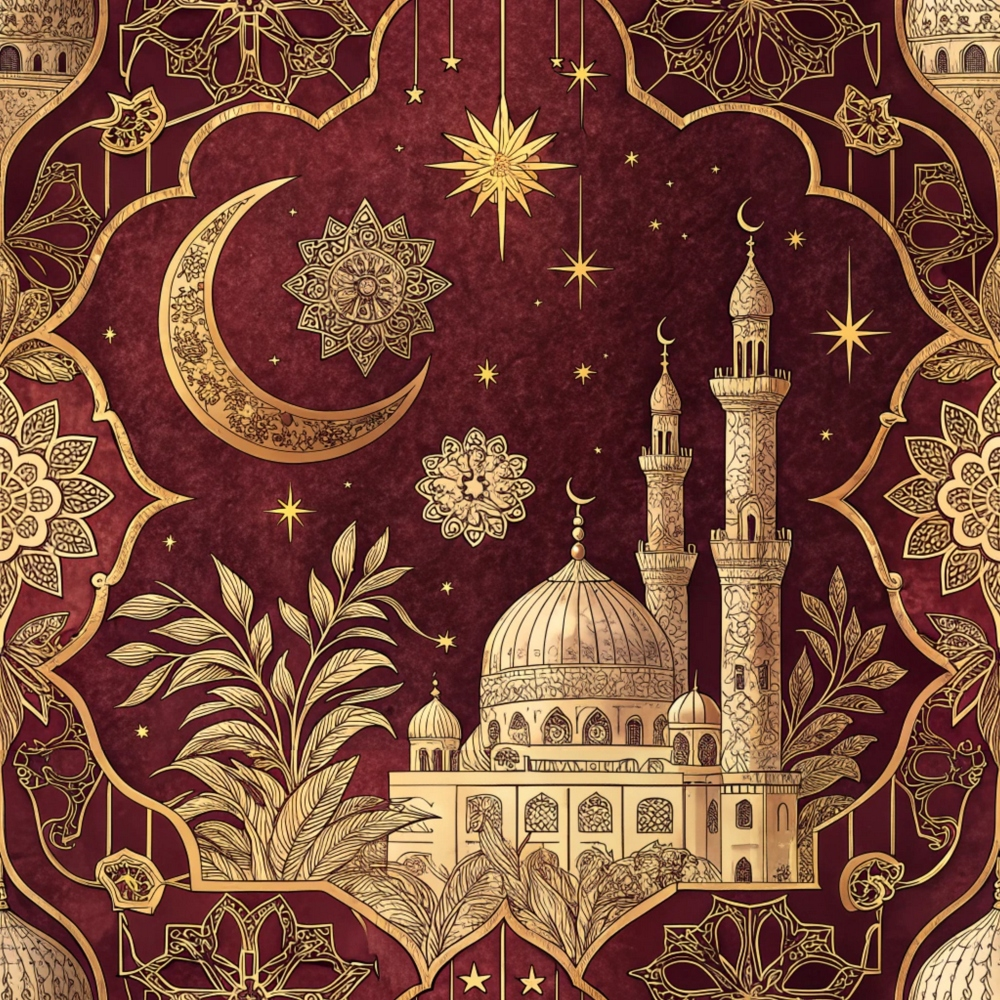 burgundy, maroon, gold, cream, islamic architecture, mosque, minarets, crescent moon, stars, geometric patterns, mandala designs, palm trees, ornate borders, middle eastern, quilting cotton, fabric panel, intricate details, celestial motifs, arabesque, decorative arches