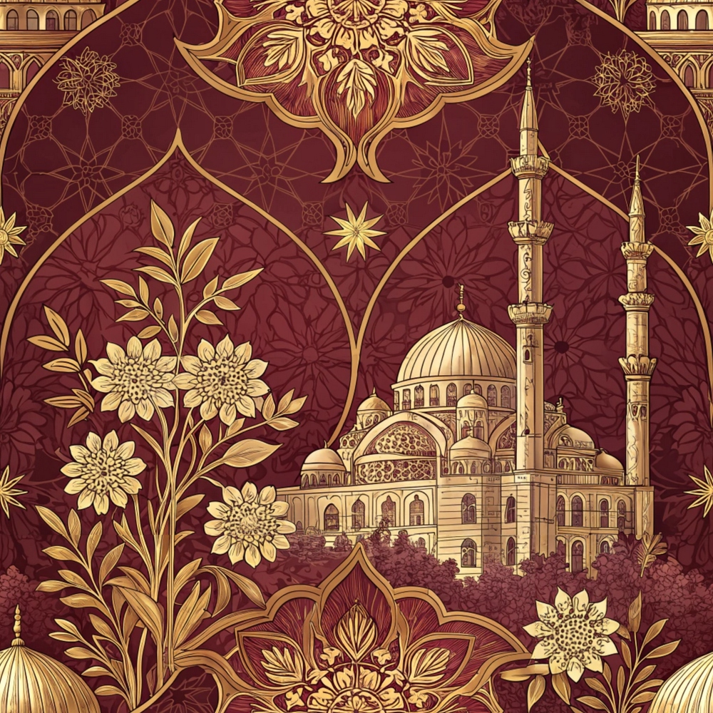 maroon, burgundy, gold, cream, islamic architecture, mosque, minarets, dome, floral motifs, geometric patterns, ornate designs, arabesque,, fabric panel, luxurious, elegant, middle eastern, decorative florals, intricate details, rich tones