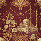 maroon, burgundy, gold, cream, islamic architecture, mosque, minarets, dome, floral motifs, geometric patterns, ornate designs, arabesque,, fabric panel, luxurious, elegant, middle eastern, decorative florals, intricate details, rich tones