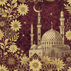 burgundy, gold, maroon, deep red, mosque, minarets, dome, islamic architecture, crescent moon, stars, floral motifs, ornate patterns, geometric designs, decorative flowers,, fabric panel, middle eastern style, religious imagery, intricate details, luxurious appearance