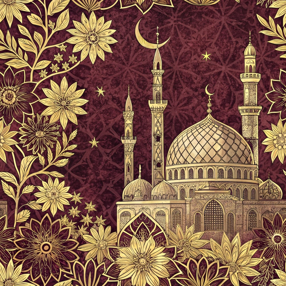 burgundy, gold, maroon, deep red, mosque, minarets, dome, islamic architecture, crescent moon, stars, floral motifs, ornate patterns, geometric designs, decorative flowers,, fabric panel, middle eastern style, religious imagery, intricate details, luxurious appearance