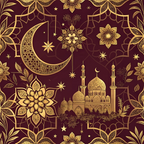 burgundy, gold, maroon, deep red, metallic gold, crescent moon, mosque, minarets, islamic architecture, mandala patterns, geometric florals, ornate designs, stars, intricate detailing, middle eastern motifs, decorative elements,, fabric panel, religious symbols, arabesque patterns