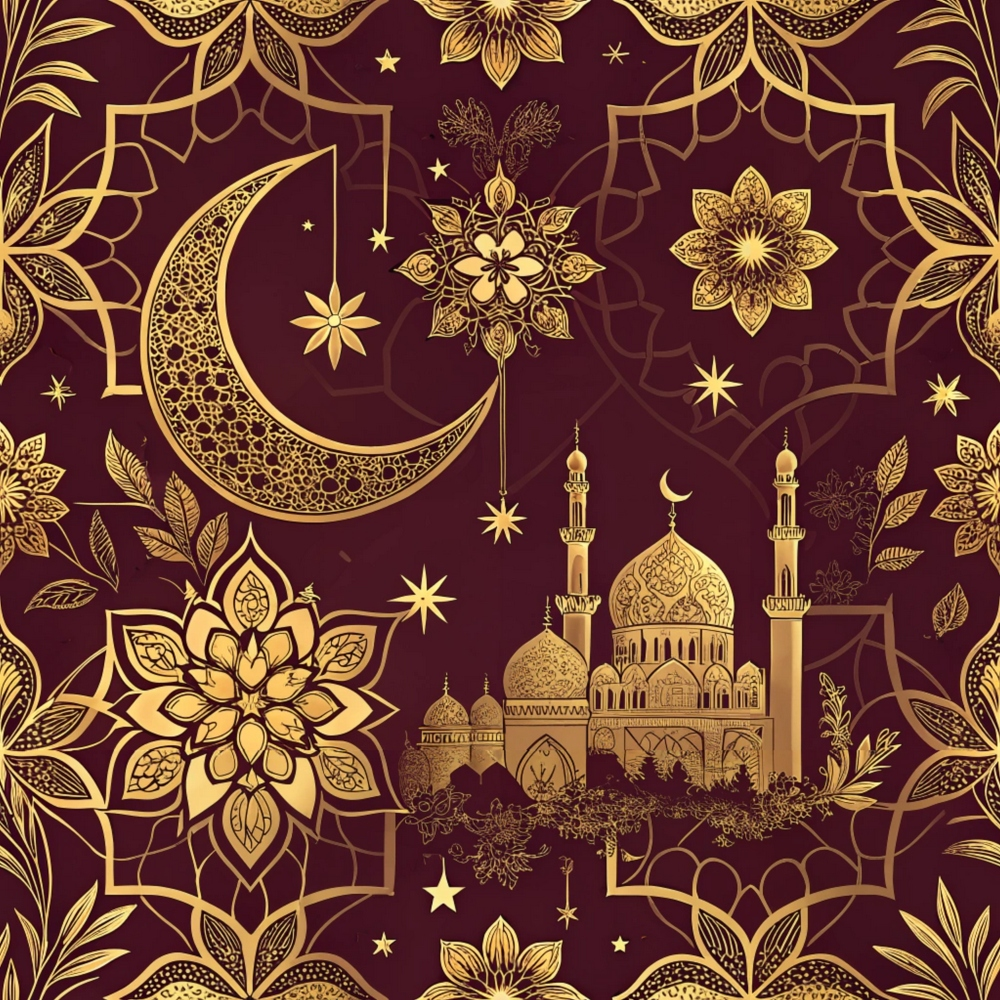 burgundy, gold, maroon, deep red, metallic gold, crescent moon, mosque, minarets, islamic architecture, mandala patterns, geometric florals, ornate designs, stars, intricate detailing, middle eastern motifs, decorative elements, quilting cotton, fabric panel, religious symbols, arabesque patterns