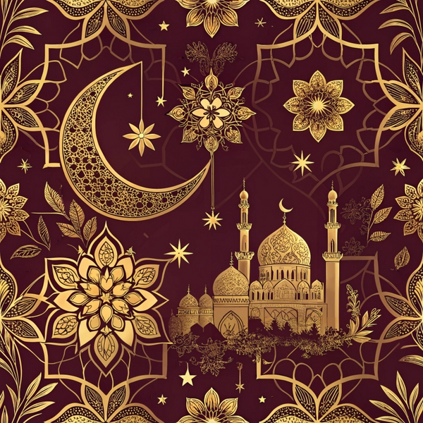 burgundy, gold, maroon, deep red, metallic gold, crescent moon, mosque, minarets, islamic architecture, mandala patterns, geometric florals, ornate designs, stars, intricate detailing, middle eastern motifs, decorative elements,, fabric panel, religious symbols, arabesque patterns