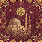 burgundy, gold, maroon, deep red, islamic architecture, mosque, dome, minarets, geometric patterns, mandala, floral motifs, stars, crescent moon, ornate border, middle eastern,, fabric panel, intricate details, botanical elements, celestial symbols