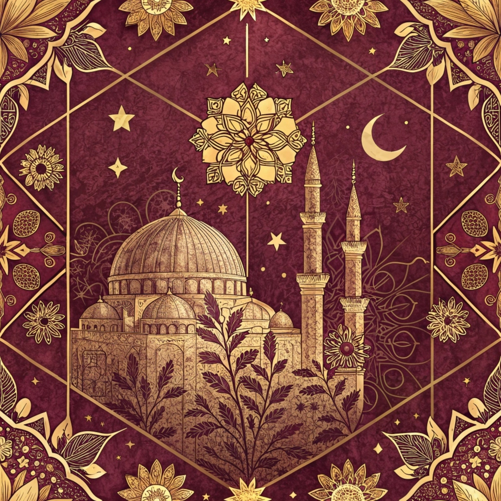 burgundy, gold, maroon, deep red, islamic architecture, mosque, dome, minarets, geometric patterns, mandala, floral motifs, stars, crescent moon, ornate border, middle eastern, quilting cotton, fabric panel, intricate details, botanical elements, celestial symbols