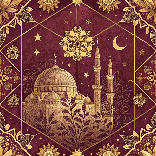 burgundy, gold, maroon, deep red, islamic architecture, mosque, dome, minarets, geometric patterns, mandala, floral motifs, stars, crescent moon, ornate border, middle eastern,, fabric panel, intricate details, botanical elements, celestial symbols