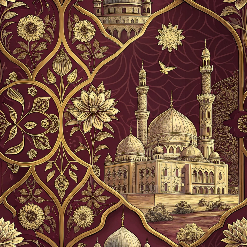 burgundy, gold, crimson, islamic architecture, mosque, domes, minarets, floral motifs, geometric patterns, ornate designs, arabian style, middle eastern, intricate details,, fabric panel, decorative borders, botanical elements, architectural illustration, rich colors, luxurious appearance