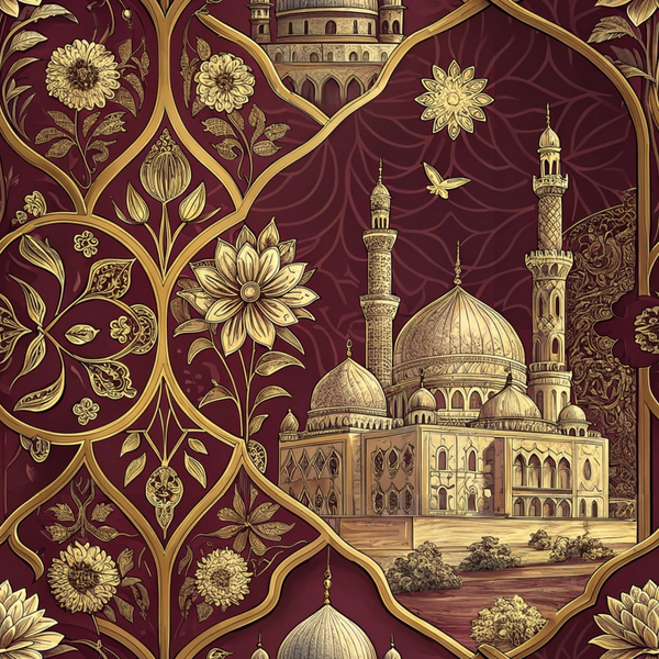 burgundy, gold, crimson, islamic architecture, mosque, domes, minarets, floral motifs, geometric patterns, ornate designs, arabian style, middle eastern, intricate details,, fabric panel, decorative borders, botanical elements, architectural illustration, rich colors, luxurious appearance
