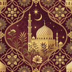 burgundy, maroon, gold, metallic, mosque, minaret, dome, crescent moon, star, islamic architecture, geometric patterns, floral motifs, ornate design, middle eastern, arabesque, intricate details,, fabric panel, decorative elements, celestial symbols