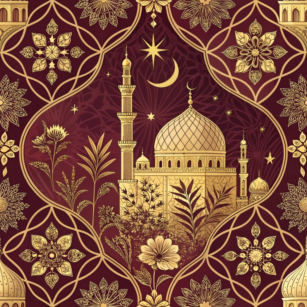 burgundy, maroon, gold, metallic, mosque, minaret, dome, crescent moon, star, islamic architecture, geometric patterns, floral motifs, ornate design, middle eastern, arabesque, intricate details, quilting cotton, fabric panel, decorative elements, celestial symbols