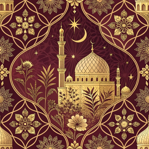burgundy, maroon, gold, metallic, mosque, minaret, dome, crescent moon, star, islamic architecture, geometric patterns, floral motifs, ornate design, middle eastern, arabesque, intricate details,, fabric panel, decorative elements, celestial symbols