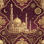 burgundy, maroon, gold, ornate mosque, islamic architecture, minarets, domes, crescent moon, stars, geometric patterns, floral motifs, arabesque designs, intricate borders,, fabric panel, middle eastern, ornamental, decorative elements, religious symbolism