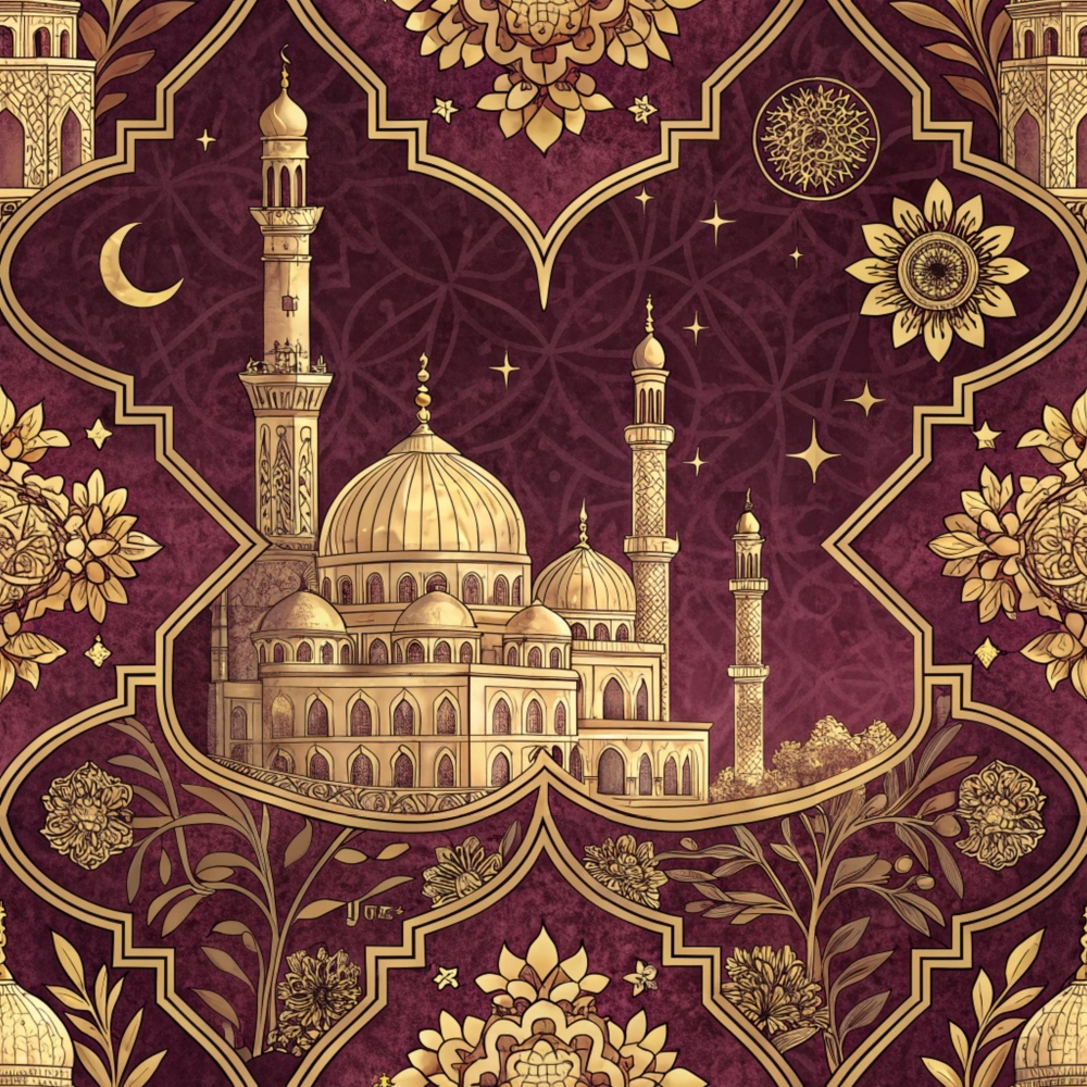 burgundy, maroon, gold, ornate mosque, islamic architecture, minarets, domes, crescent moon, stars, geometric patterns, floral motifs, arabesque designs, intricate borders, quilting cotton, fabric panel, middle eastern, ornamental, decorative elements, religious symbolism