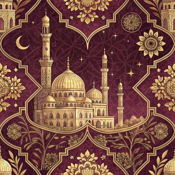burgundy, maroon, gold, ornate mosque, islamic architecture, minarets, domes, crescent moon, stars, geometric patterns, floral motifs, arabesque designs, intricate borders,, fabric panel, middle eastern, ornamental, decorative elements, religious symbolism