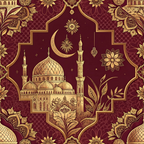 burgundy, maroon, gold, crescent moon, mosque, minaret, dome, islamic architecture, ornate patterns, geometric designs, floral motifs, paisley, arabesque, decorative border,, fabric panel, middle eastern, ornamental, intricate details, religious symbolism