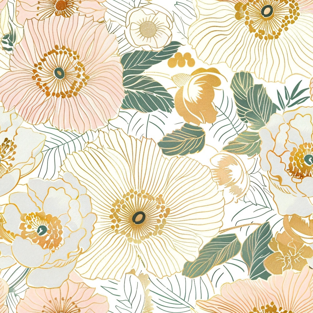 japanese blossoms, floral pattern, pink flowers, golden yellow, sage green, cream background, botanical design, large blooms, leaves, petals, stamens, nature motif, quilting cotton, fabric panel, soft pastels, elegant florals, asian inspired, spring flowers, delicate artwork, feminine colors