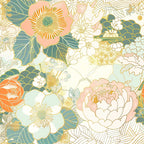 japanese blossoms, floral pattern, coral pink, sage green, gold accents, cream background, peony flowers, cherry blossoms, botanical design, asian inspired, delicate petals, layered flowers, soft pastels,, fabric panel, spring flowers, elegant florals, vintage style, romantic blooms, fabric crafting