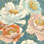 japanese blossoms, floral pattern, peony flowers, teal blue, coral pink, cream white, golden yellow, botanical design, asian inspired, layered petals, organic shapes, nature motif,, fabric panel, spring flowers, elegant florals, vintage style, soft pastels, garden theme
