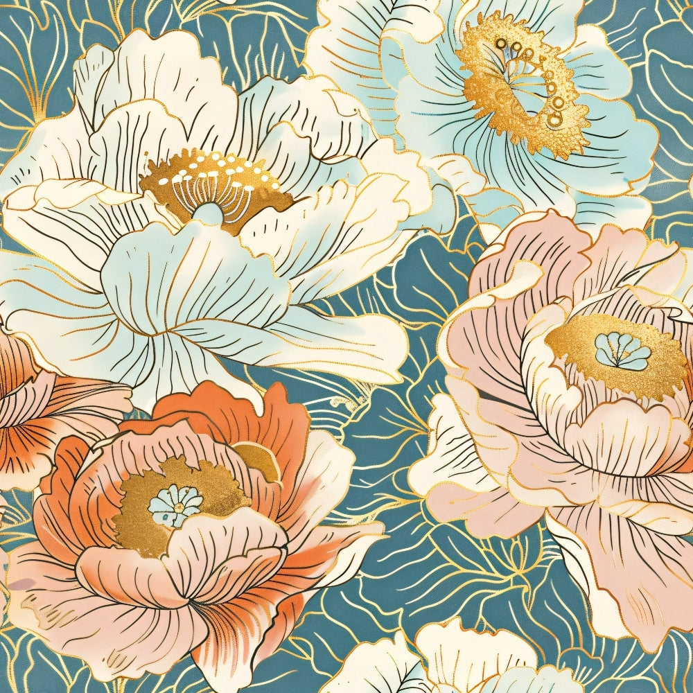 japanese blossoms, floral pattern, peony flowers, teal blue, coral pink, cream white, golden yellow, botanical design, asian inspired, layered petals, organic shapes, nature motif, quilting cotton, fabric panel, spring flowers, elegant florals, vintage style, soft pastels, garden theme