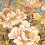 japanese blossoms, peony flowers, coral pink, cream white, sage green, golden brown, floral pattern, botanical design, layered petals, asian inspired,, fabric panel, vintage style, soft pastels, nature motif, spring flowers, delicate leaves, ornate blooms, textile art, crafting material