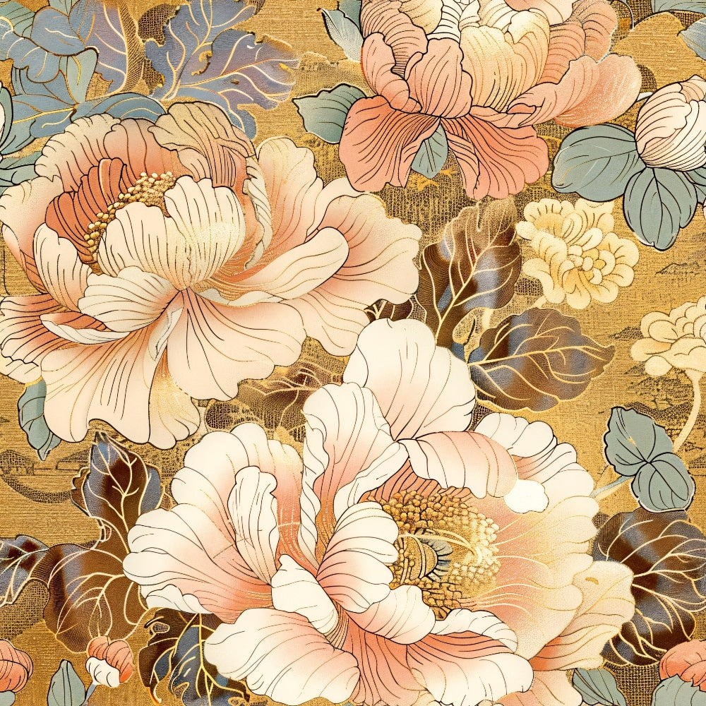 japanese blossoms, peony flowers, coral pink, cream white, sage green, golden brown, floral pattern, botanical design, layered petals, asian inspired, quilting cotton, fabric panel, vintage style, soft pastels, nature motif, spring flowers, delicate leaves, ornate blooms, textile art, crafting material
