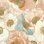 japanese blossoms, floral pattern, hibiscus flowers, coral pink, dusty blue, cream white, golden yellow, sage green, large scale florals, tropical blooms, botanical design, nature motif, asian inspired,, fabric panel, soft pastels, artistic illustration, spring flowers, delicate petals, overlapping blooms