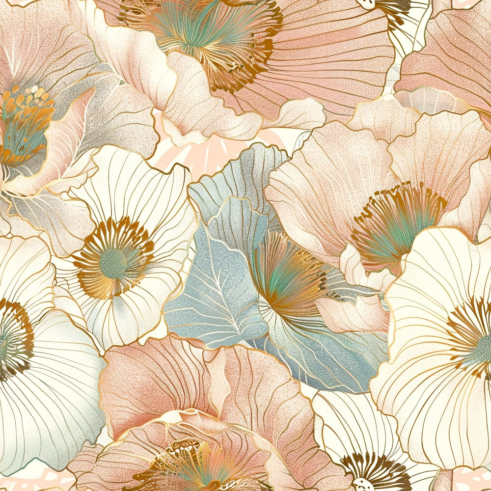 japanese blossoms, floral pattern, hibiscus flowers, coral pink, dusty blue, cream white, golden yellow, sage green, large scale florals, tropical blooms, botanical design, nature motif, asian inspired, quilting cotton, fabric panel, soft pastels, artistic illustration, spring flowers, delicate petals, overlapping blooms