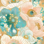 japanese blossoms, floral pattern, teal blue, coral pink, gold accents, peachy pink, large flowers, botanical design, oriental style,, fabric panel, spring florals, decorative petals, asian inspired, soft pastels, metallic gold, flower centers, layered blooms, textile art, crafting fabric