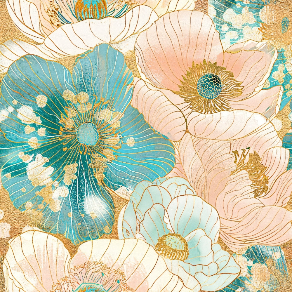 japanese blossoms, floral pattern, teal blue, coral pink, gold accents, peachy pink, large flowers, botanical design, oriental style, quilting cotton, fabric panel, spring florals, decorative petals, asian inspired, soft pastels, metallic gold, flower centers, layered blooms, textile art, crafting fabric