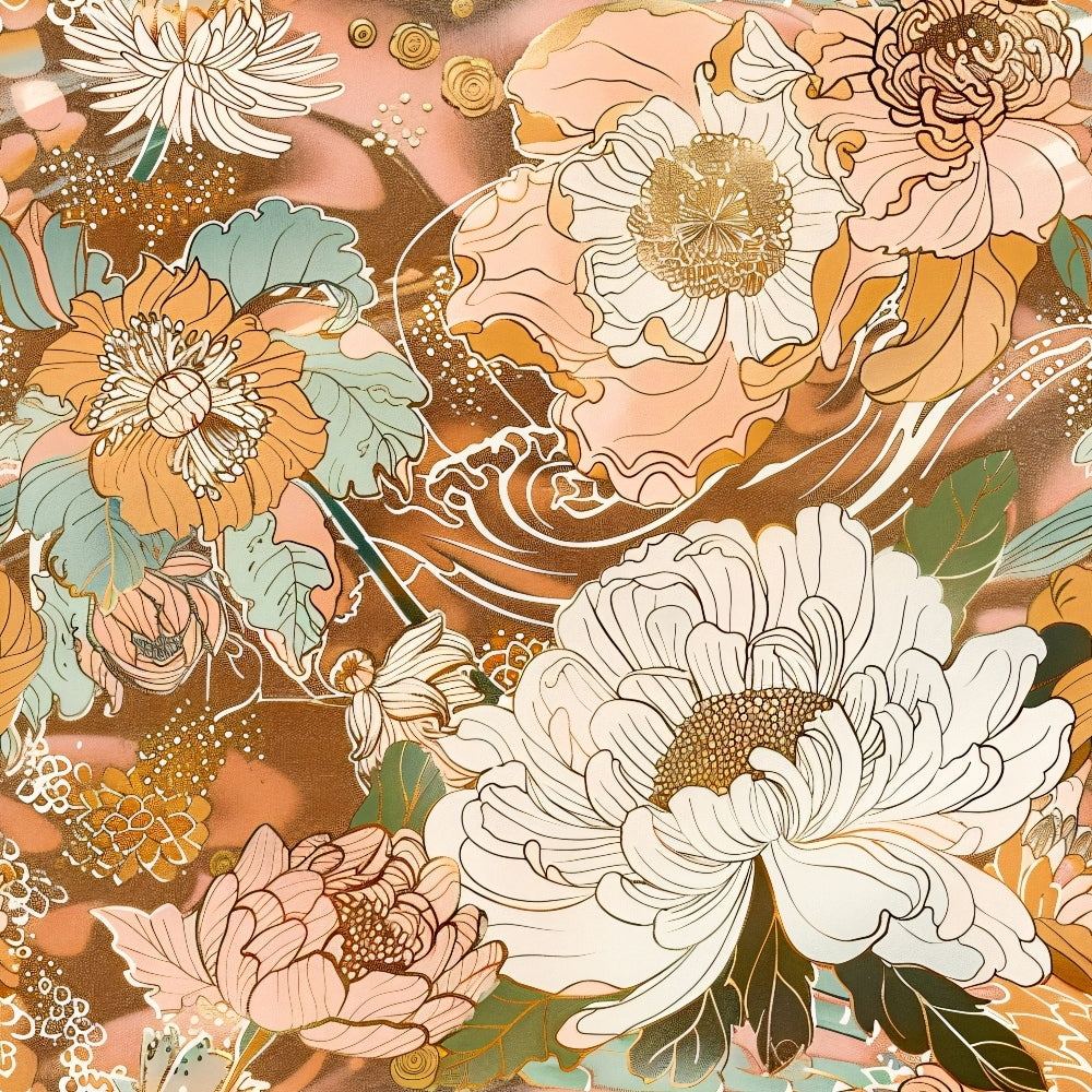 peach, coral, sage green, cream, golden yellow, japanese blossoms, chrysanthemums, peonies, floral pattern, botanical design, flowing waves, organic swirls, asian inspired, spring flowers, quilting cotton, fabric panel, soft pastels, nature motif, garden blooms, artistic illustration
