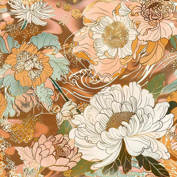 peach, coral, sage green, cream, golden yellow, japanese blossoms, chrysanthemums, peonies, floral pattern, botanical design, flowing waves, organic swirls, asian inspired, spring flowers,, fabric panel, soft pastels, nature motif, garden blooms, artistic illustration