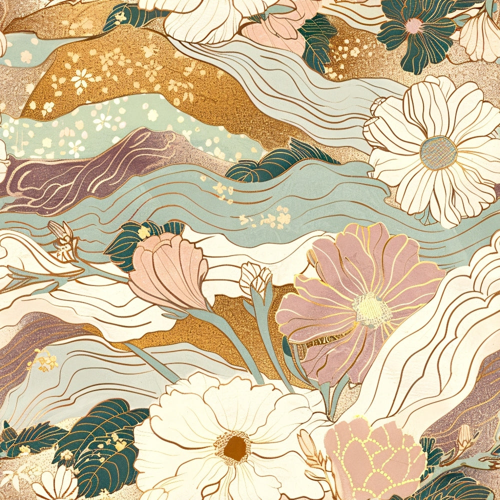 japanese blossoms, floral pattern, sage green, dusty pink, cream white, golden yellow, teal blue, flowing waves, cherry blossoms, magnolia flowers, art nouveau style, botanical design, quilting cotton, fabric panel, spring flowers, organic curves, layered petals, nature motif, asian inspired, soft pastels