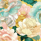 japanese blossoms, floral pattern, peonies, cherry blossoms, soft pink, sage green, golden yellow, cream white, teal blue,, fabric panel, botanical design, layered petals, delicate flowers, spring blooms, asian inspired, watercolor style, feminine aesthetic, crafting material, sewing fabric