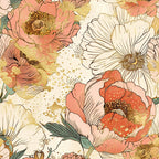 japanese blossoms, coral pink, cream white, gold accents, sage green, floral pattern, peonies, chrysanthemums, botanical design, watercolor style, vintage aesthetic,, fabric panel, spring flowers, asian inspired, delicate petals, layered blooms, soft pastels, artistic florals, nature motifs