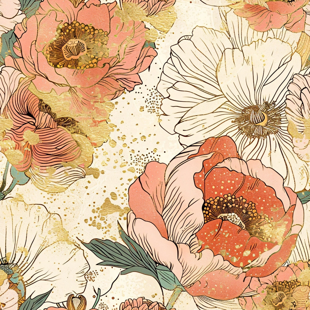 japanese blossoms, coral pink, cream white, gold accents, sage green, floral pattern, peonies, chrysanthemums, botanical design, watercolor style, vintage aesthetic, quilting cotton, fabric panel, spring flowers, asian inspired, delicate petals, layered blooms, soft pastels, artistic florals, nature motifs