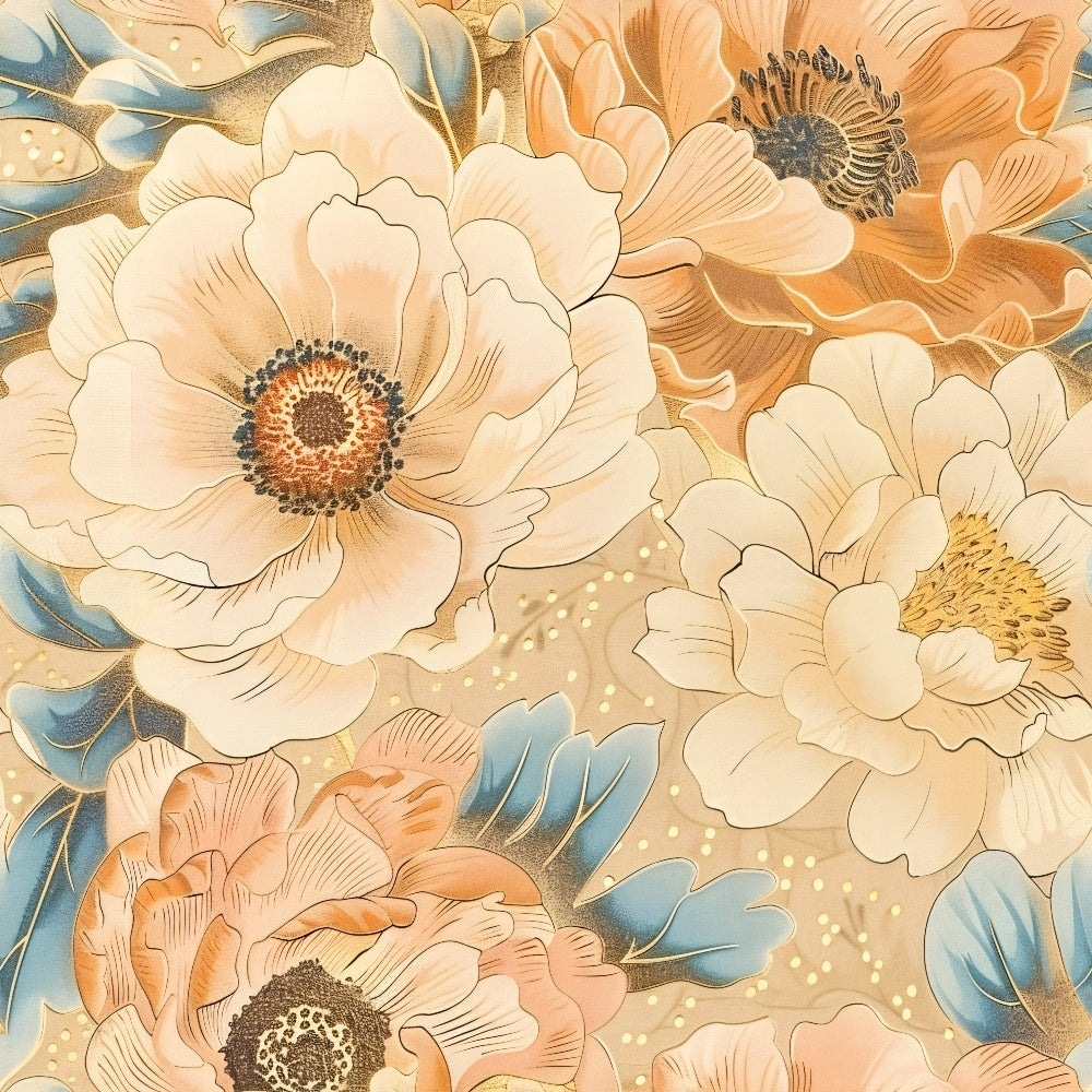 japanese blossoms, floral pattern, peach flowers, cream petals, blue leaves, orange blooms, botanical design, vintage style, quilting cotton, fabric panel, soft pastels, layered petals, nature motif, spring flowers, delicate artwork, muted tones, seamless pattern, feminine design, crafting material