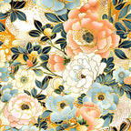 japanese blossoms, floral pattern, coral pink, dusty blue, golden yellow, cream white, navy leaves, peony flowers, cherry blossoms, oriental design, botanical motif,, fabric panel, asian inspired, spring flowers, delicate petals, flowing branches, pastel palette, vintage style, decorative blooms