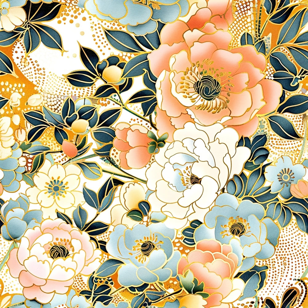 japanese blossoms, floral pattern, coral pink, dusty blue, golden yellow, cream white, navy leaves, peony flowers, cherry blossoms, oriental design, botanical motif, quilting cotton, fabric panel, asian inspired, spring flowers, delicate petals, flowing branches, pastel palette, vintage style, decorative blooms