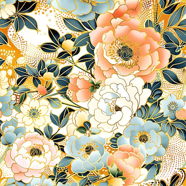 japanese blossoms, floral pattern, coral pink, dusty blue, golden yellow, cream white, navy leaves, peony flowers, cherry blossoms, oriental design, botanical motif,, fabric panel, asian inspired, spring flowers, delicate petals, flowing branches, pastel palette, vintage style, decorative blooms
