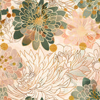japanese blossoms, floral pattern, sage green, blush pink, gold accents, cream background, chrysanthemums, peonies, botanical design,, fabric panel, asian inspired, layered florals, soft pastels, nature motif, spring flowers, artistic blooms, feminine colors, delicate petals, floral fabric
