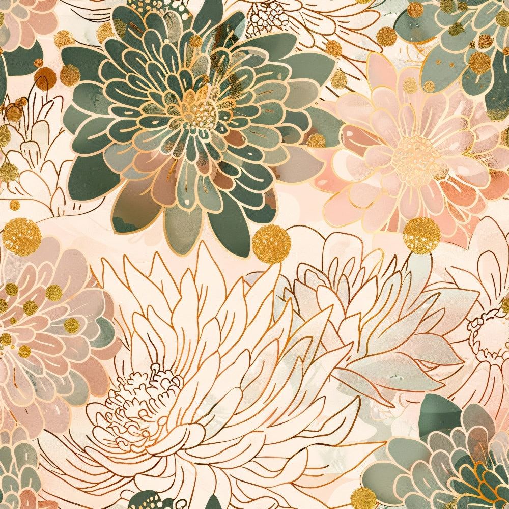 japanese blossoms, floral pattern, sage green, blush pink, gold accents, cream background, chrysanthemums, peonies, botanical design, quilting cotton, fabric panel, asian inspired, layered florals, soft pastels, nature motif, spring flowers, artistic blooms, feminine colors, delicate petals, floral fabric
