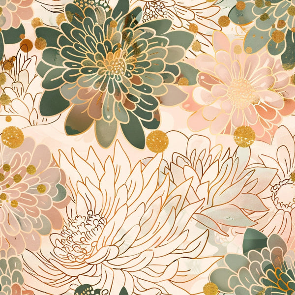 japanese blossoms, floral pattern, sage green, blush pink, gold accents, cream background, chrysanthemums, peonies, botanical design,, fabric panel, asian inspired, layered florals, soft pastels, nature motif, spring flowers, artistic blooms, feminine colors, delicate petals, floral fabric