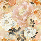 japanese blossoms, floral pattern, peach tones, coral pink, cream white, gold accents, charcoal leaves, peonies, cherry blossoms, oriental style, botanical design,, fabric panel, spring flowers, asian inspired, soft pastels, layered petals, decorative flourishes, elegant motifs