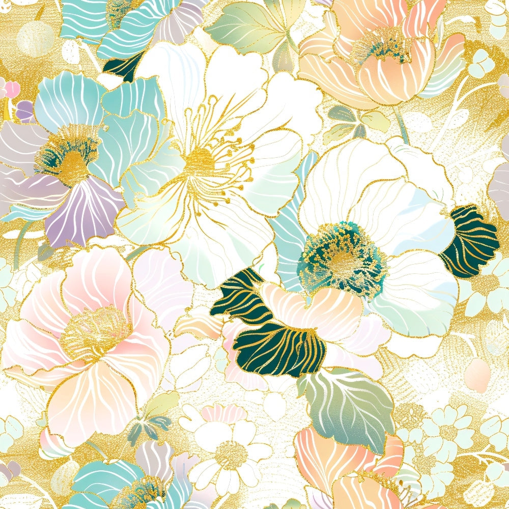 japanese blossoms, floral pattern, cherry blossoms, gold accents, pastel colors, mint green, coral pink, lavender purple, white flowers, teal leaves, botanical design, spring flowers, asian inspired, delicate petals, quilting cotton, fabric panel, soft palette, nature motif, blooming flowers, elegant florals