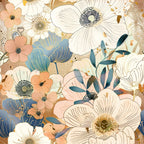 japanese blossoms, floral pattern,, fabric panel, peach flowers, blue petals, white blooms, cream background, botanical design, delicate leaves, spring flowers, soft pastels, artistic illustration, nature motif, feminine style, crafting fabric, sewing material, garden theme, layered florals, modern floral